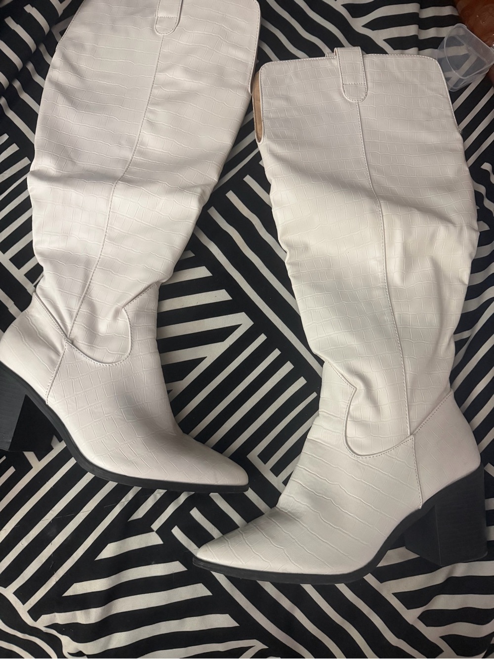 White Croc-Embossed Knee-High Western Boots
